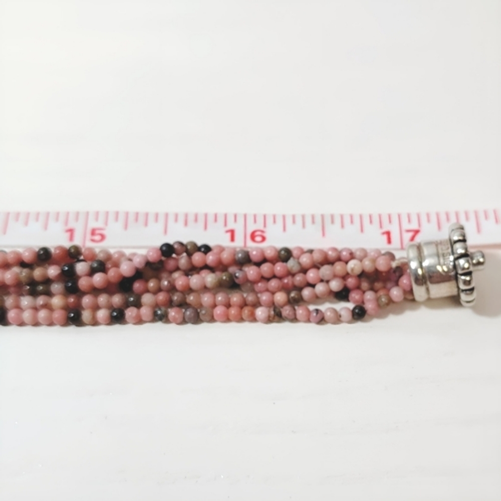 ESPO Multi Strand Rhodonite Sterling Silver Carved Rose Pendant Necklace - Picture 6 of 11